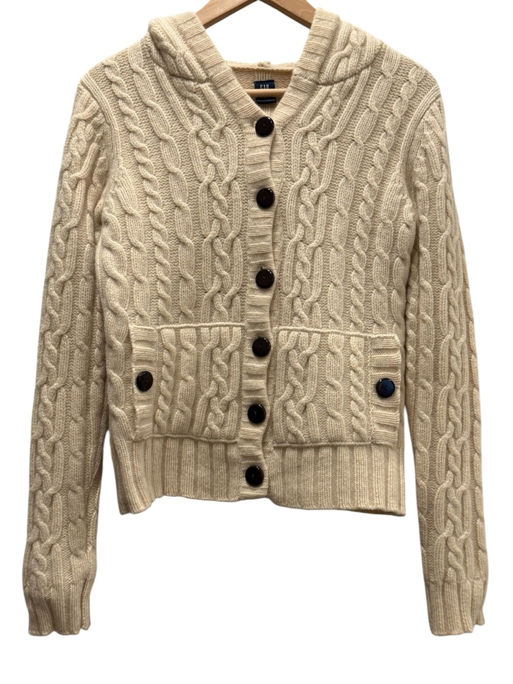 GAP 100% Lambswool Cable Knit Hooded Cardigan Sweater Cream Beige M Fall Winter